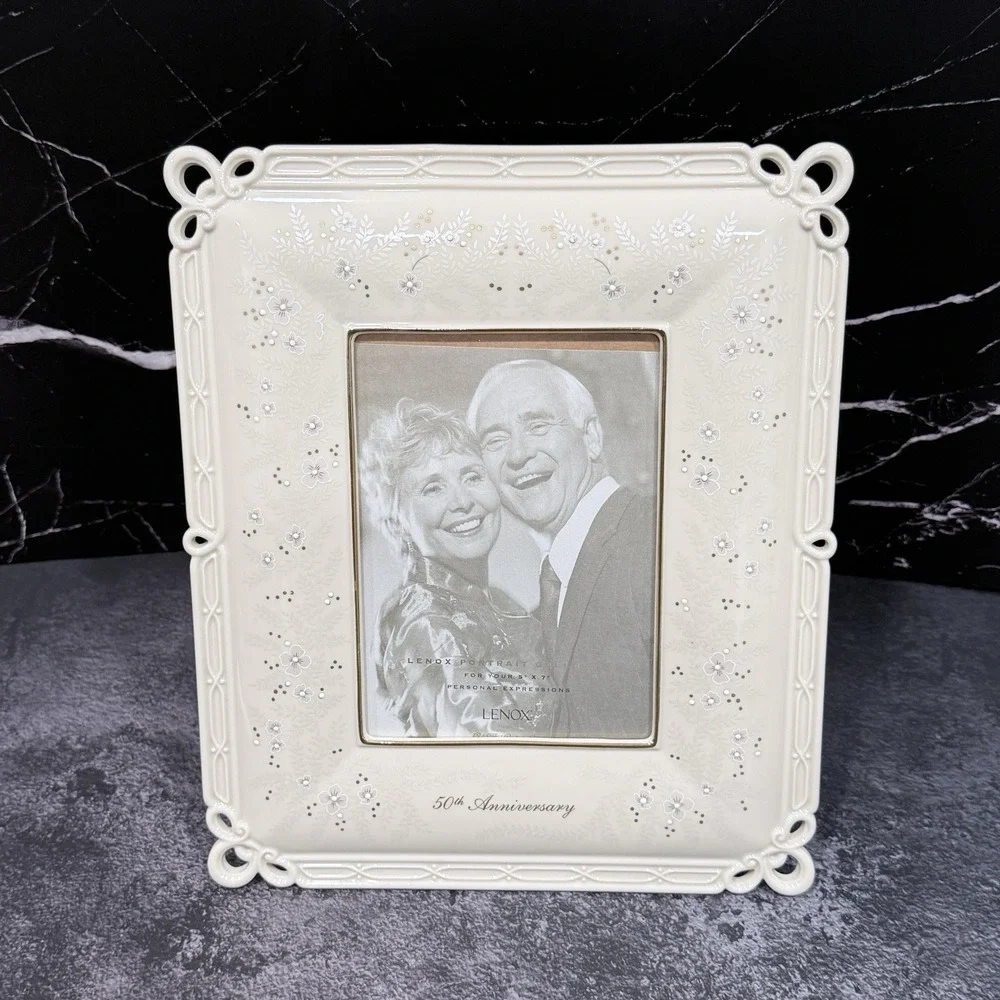Lenox 50th Anniversary Picture Frame Ivory China Floral 5x7 Portrait Gallery